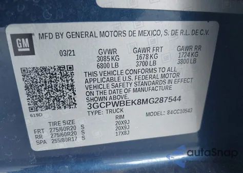 2021 Chevrolet Silverado 1500 2Wd Short Bed Custom из США, поврежденный, VIN 3GCPWBEK8MG287544